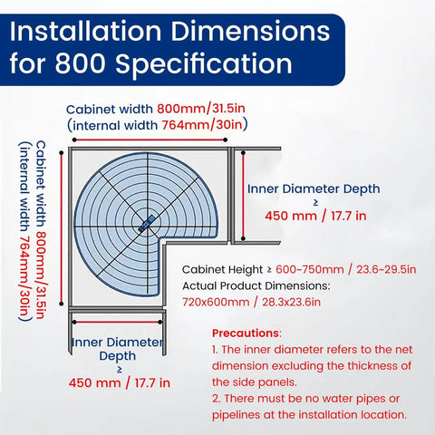 Installation dimensions for Two Tier Rotating Corner Cabinet Shelf With 360 Degree Swivel, width 800mm, inner depth 450mm.