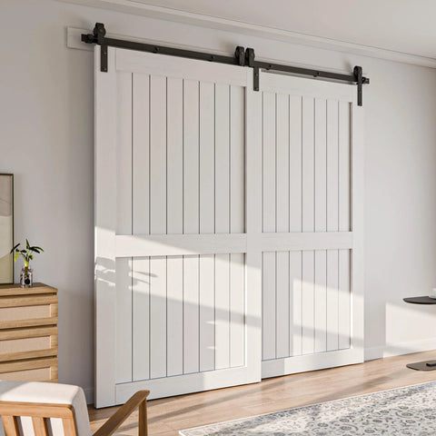 Installed Bypass Sliding Barn Door Hardware Kit Single Track System In Carbon Steel, supporting double doors up to 330 lbs.