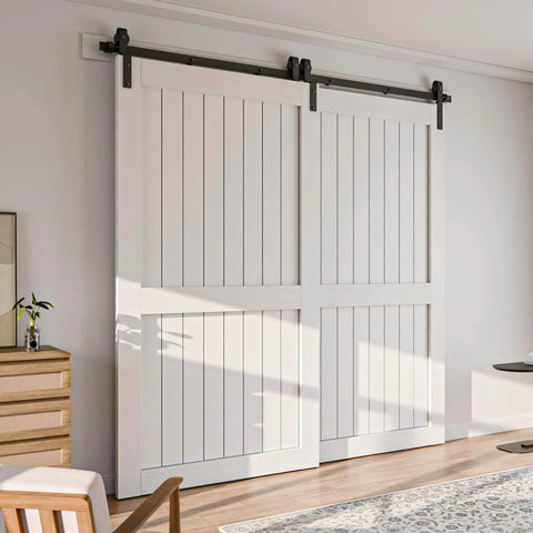 Bypass Sliding Barn Door Hardware Kit, Single Track System, Carbon Steel With Frosted Black Finish, installed on white doors