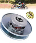 KT196 Go Kart Clutch Driven Pulley With 16mm Bore and Lock Nut for Coleman Minibike displayed with go-kart in background