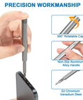 Hand using 24-In-1 Magnetic Precision Screwdriver Set With Phillips And Flathead Bits For Electronics, PC And Eyeglass Repair, Includes Torx, Hex, Y, Triangle And Star Bits For Quick And Easy DIY Fixes on a device with a rotatable cap feature and aluminum handle