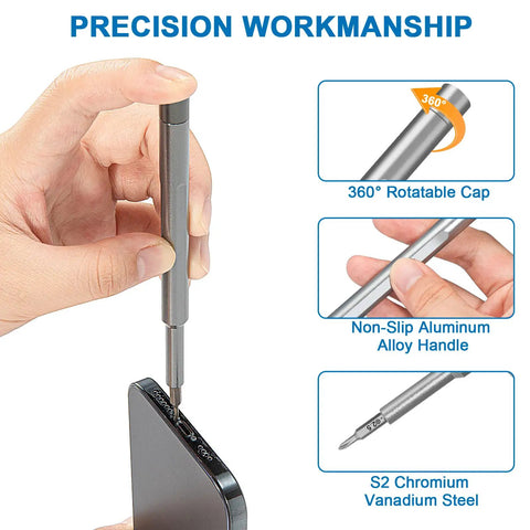 Hand using 24-In-1 Magnetic Precision Screwdriver Set With Phillips And Flathead Bits For Electronics, PC And Eyeglass Repair, Includes Torx, Hex, Y, Triangle And Star Bits For Quick And Easy DIY Fixes on a device with a rotatable cap feature and aluminum handle