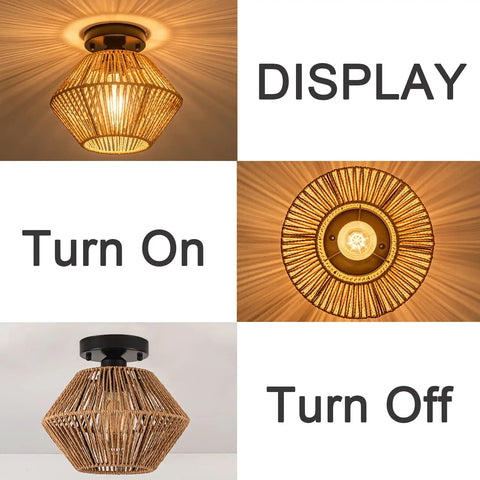 Boho Rattan Ceiling Light Fixture With Handwoven Cage Shade Coastal Semi Flush Mount displayed on and off settings