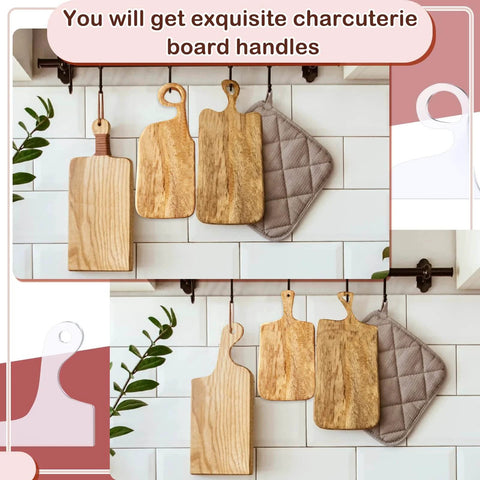 Wooden charcuterie boards with designed handles hanging in a kitchen, showcasing use of Six Piece Acrylic Router Template Set For Charcuterie Boards And Cutting Boards Two Sizes With Thick Handle Angled Curvy Stencil Guides Includes Three Pens Perfect For Woodworking And Kitchen Craft Projects.