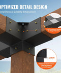 Four Way 4x4 Pergola Brackets Heavy Duty Tough As Nails Corner Brackets for wood beams on outdoor gazebo, close-up view