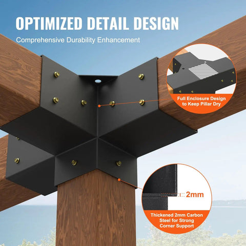 Four Way 4x4 Pergola Brackets Heavy Duty Tough As Nails Corner Brackets for wood beams on outdoor gazebo, close-up view