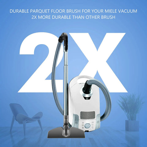 Parquet Twister Floor Brush Attachment For Miele Vacuums SBB 300-3 shown with vacuum on blue background, dual swivel design
