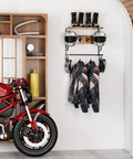 Wall Mounted Motorcycle Helmet Rack With Four Hooks And Glove Clips, Rustic Industrial Gear Holder in garage with helmets & gear