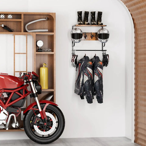 Wall Mounted Motorcycle Helmet Rack With Four Hooks And Glove Clips, Rustic Industrial Gear Holder in garage with helmets & gear