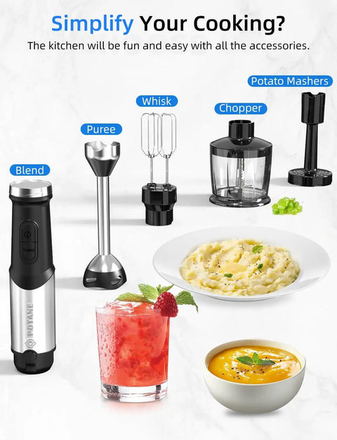 Heavy Duty Hand Blender Powered By A Badass Copper Motor And Smooth Blending Action Gets The Job Done Includes Egg Whisk Potato Masher And Solid Food Chopper For Zero Hassle Prep with kitchen accessories.