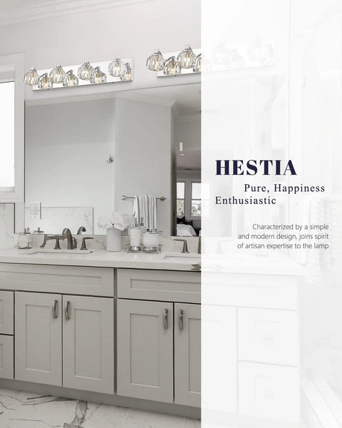 Bathroom scene with 4 Light Bathroom Vanity Light with K9 Crystal Lampshades and Silver Chrome Finish above a double sink