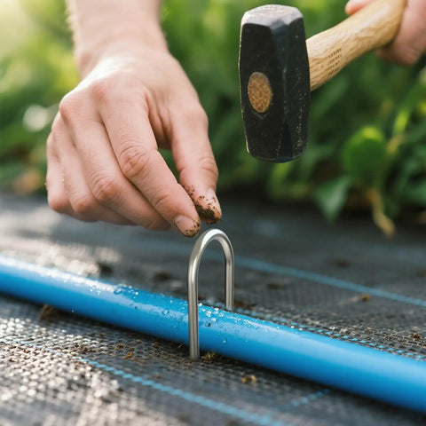 Inserting Heavy Duty 11 Gauge Galvanized U Shaped Garden Stakes Pack Of 100, 6 Inch Irrigation Stakes into soil for drip irrigation