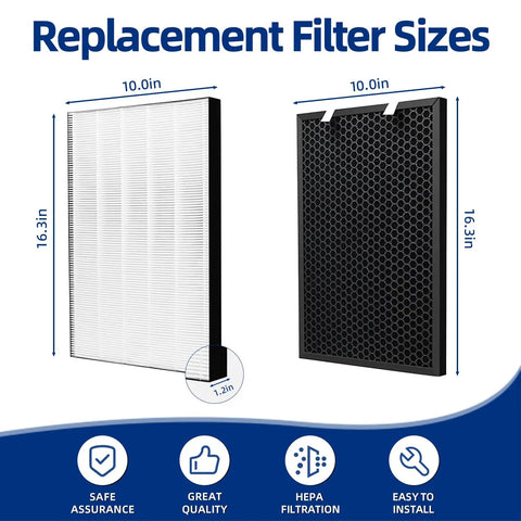 Replacement Filter Set Fits Bissell Air Purifiers Air220 And Air320, showing pleated and activated carbon filter sizes.