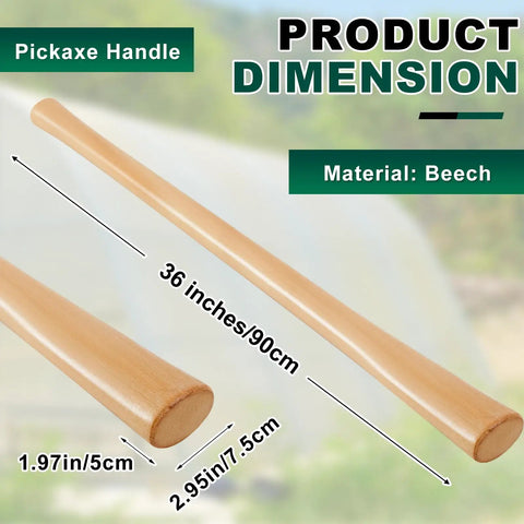 Two Pack 35 Inch Beech Wood Pickaxe Handles Replacement For Heavy Duty Tool Work In Garden Landscaping Yard And Outdoors Fits Mattock Heads And Heavy Duty Axes, showcasing dimensions and wood material