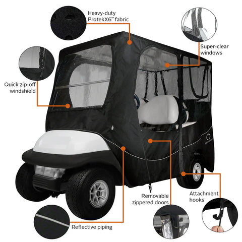 Deluxe Four Person Golf Cart Enclosure In Black With Clear Windows For Yamaha Club Car EZ Go Weatherproof Roof Cover Gardelle Fabric