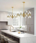 Lit Modern 20 Light LED Sputnik Chandelier With Acrylic White Shades Gold Finish Mid Century Pendant Light in kitchen
