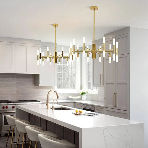 Lit Modern 20 Light LED Sputnik Chandelier With Acrylic White Shades Gold Finish Mid Century Pendant Light in kitchen