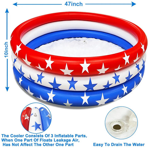Patriotic Inflatable Cooler For Pool Parties With Big Ol 130 Plus Can Capacity, Giant Red White And Blue Flag Drink Cooler With Stars, 47 Inch Diameter, Perfect For 4th Of July Summer Pool Parties And Beach Luau Decor