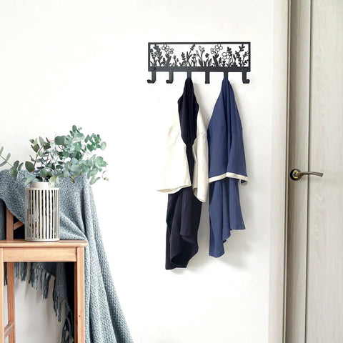Floral Wall Mounted Coat Rack With Six Hooks In Matte Black Metal Totally Perfect For Coats Hats Bags Keys Towels And More In Hallway