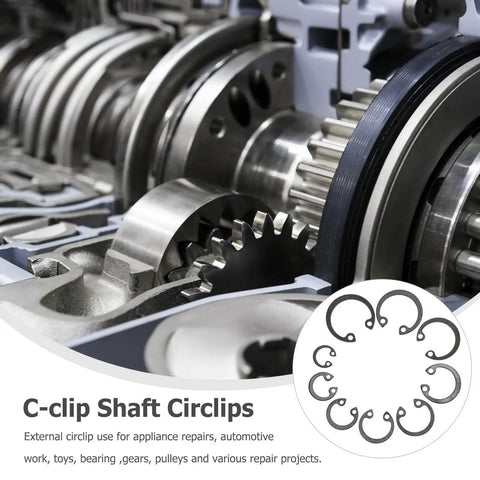 Close-up of gears and pulleys with External Circlip Assortment Kit 100 Pcs Black Steel C Clips illustration