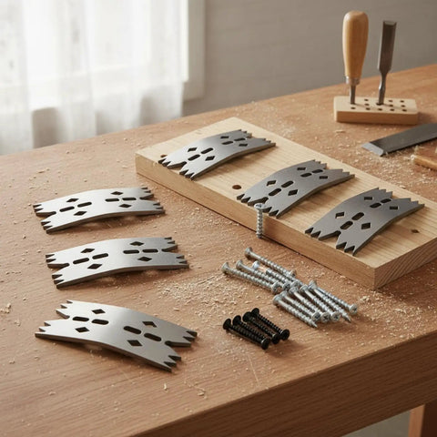 Heavy Duty Stainless Steel Clamping Plate For Woodwork And Metal Fabrication With Serrated Slots and Flexible Positioning For CNC Routers and Carpentry Projects That Get Stuff Done Right The First Time Every Damn Day on wood surface with screws.