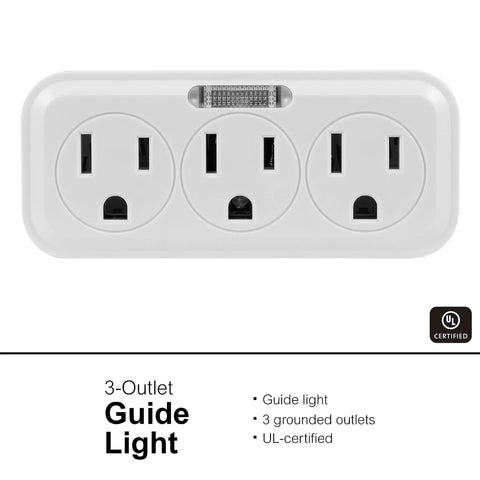 3 Outlet Wall Tap With Guide Light For Expanded Power 3 Prong Grounded Outlet Space Saving Horizontal Design UL Listed White Electrical Adapter For Home Or Office
