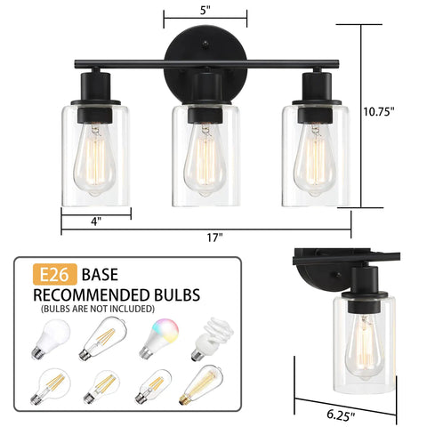 Sleek Dope Modern 3 Light Matte Black Vanity Light With Clear Glass Shades for Bathroom, 17 Inch Wide, front and side view