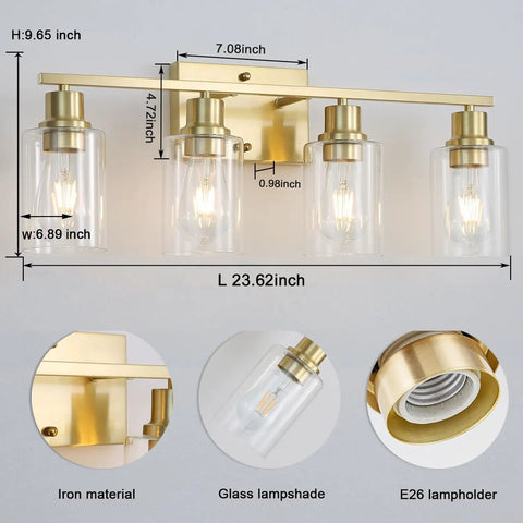 4 Light Gold Bathroom Vanity Light Fixture With Clear Glass Shades Brushed Brass Finish Modern Wall Sconce dimensions and details