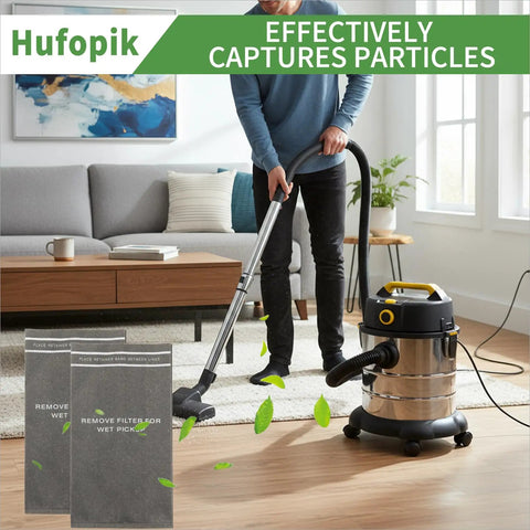 Person using Craftsman 2-2.5 gal wet/dry vacuum with Three Pack Dust Cloth Filter Bags For Craftsman 2 To 2.5 Gallon Wet Dry Shop Vacuums And Powerhead Bucket Vac Compatible With Craftsman Bags Includes Retaining Band in living room.