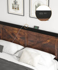 Badass Industrial Queen Bed Frame With Rustic Barn Headboard showing built-in USB charging ports on headboard.