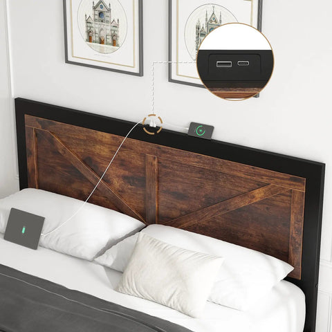 Badass Industrial Queen Bed Frame With Rustic Barn Headboard showing built-in USB charging ports on headboard.