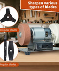 Top Notch Mini Bench Grinder With Dual Ceramic Wheels For Razor Edge Shaving And Heavy Duty Metal Or Wood Carving Solid Steel Base showing blade sharpening function with dual wheels.