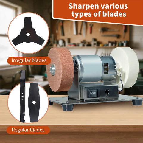 Top Notch Mini Bench Grinder With Dual Ceramic Wheels For Razor Edge Shaving And Heavy Duty Metal Or Wood Carving Solid Steel Base showing blade sharpening function with dual wheels.