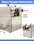 Heavy Duty 110V Triple Roll Mill Grinder With Zirconia Ceramic Rolls and Stainless Steel Tray, showing front and side views.