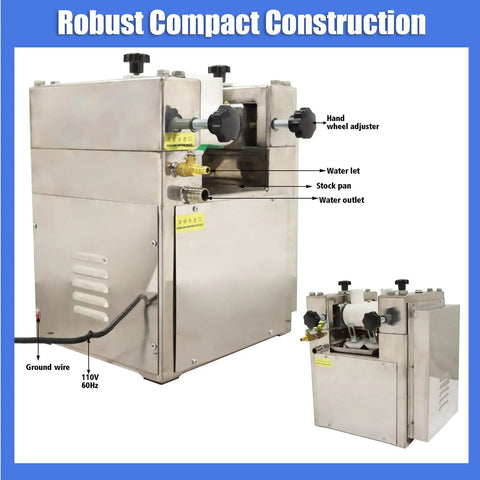 Heavy Duty 110V Triple Roll Mill Grinder With Zirconia Ceramic Rolls and Stainless Steel Tray, showing front and side views.