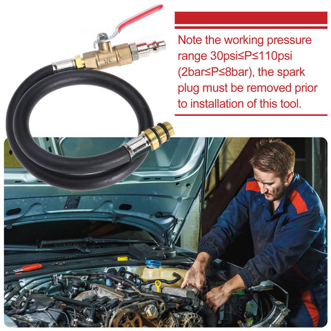 Mechanic using Engine Air Valve Holder Pressure Pipe With Ball Valve M12 M14 To Quarter Inch NPT on car engine for repairs.