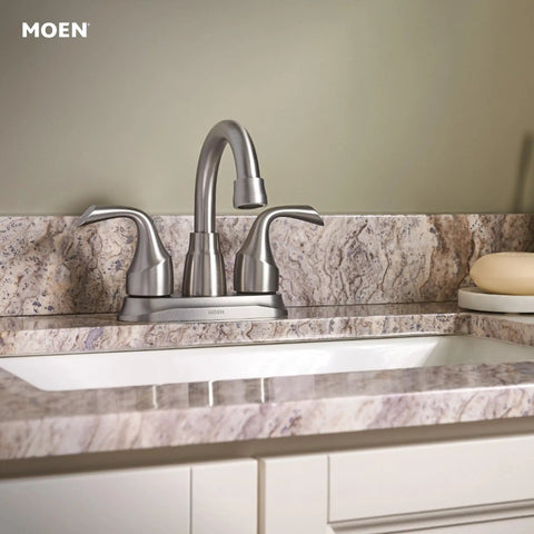 Idora Two-Handle Centerset Bathroom Faucet With High Arc Spout, Spot Resistant Brushed Nickel Finish on marble sink