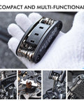Ride Ready Bike Repair Kit with 16 in 1 Multitool Tire Levers and Patch Kit, compact tool in a technician's gloved hand