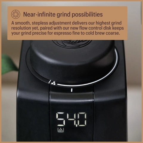 Pro Tier Stepless Grind Adjustment Coffee Grinder Featuring Precision Steel Burrs And Quick Release Design For Smooth Shot Pulling Or Effortless Daily Brewing In Slick Black Finish top view displaying grind adjustment and digital display.