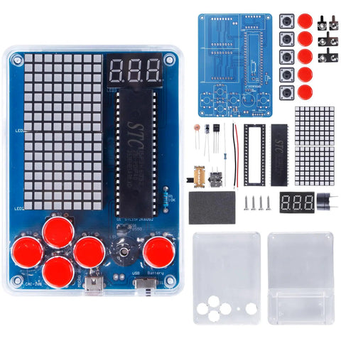 Hands On Soldering Practice Kit For A DIY Game Device With Four Classic Style Games Beginner STEM Learning Kit For Teens And Adults Learn Soldering PCB Basics Clear Instructions And Quick Start Guide showing components and circuit board layout.