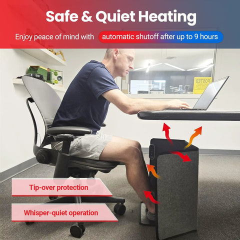 Under Desk Personal Space Heater For Home And Office, Quiet And Safe Electric Warmer With Thermostat next to desk