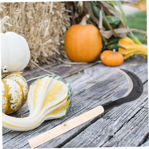 Long Handle Manganese Steel Scythe For Gardening And Weeding Tool With Comfortable Grip next to pumpkins on wooden surface