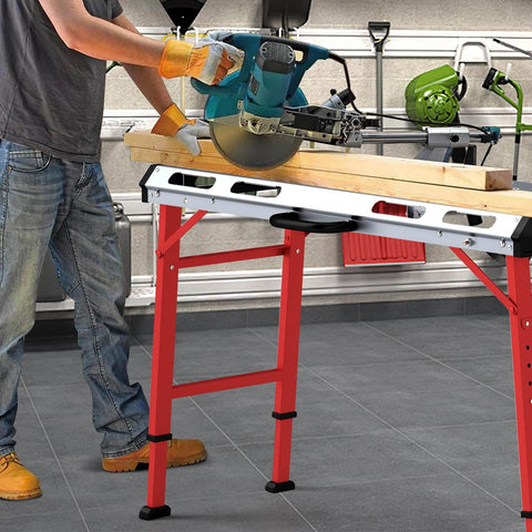 Portable Welding Table 42 By 21 Inches Folding Height Adjustable Top With Beefy 1000 Lbs Capacity in a garage setting