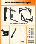 Heavy Duty Gate Brace Kit Anti Sag Gate Hardware Corner Brace For Wooden Fences with black components and screws shown.