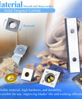 Solid tungsten carbide double-edged scraper inserts, close-up view, with focus on rotatable feature, for woodworking planer and groove cutter.