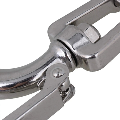 Close-up of American Style 304 Stainless Steel Swivel Lifting Hook With Safety Latch, showcasing detailed hardware design.