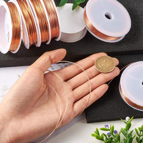 Hand holding Raw Copper Jewelry Wire 22 Gauge 0.6mm 18m Per Roll Soft Round Beading Wire with coin for scale