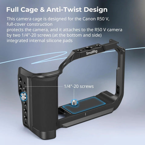 Camera Cage For Canon R50 V With Built In Ergonomic Silicone Grip Arca Quick Release Plate showing anti-twist design