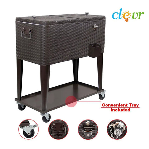 80 Quart Rolling Cooler Ice Chest Cart For Outdoor Parties And Backyard Barbecues Dark Brown Wicker Faux Rattan Tub Trolley With Wheels Shelf And Bottle Opener Portable Beverage Station For Patio And Deck