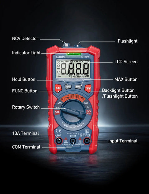 M4K0R Digital Multimeter with TRMS 4000 Counts Auto Ranging Volt Meter Ohmmeter NCV Capable showing labeled features